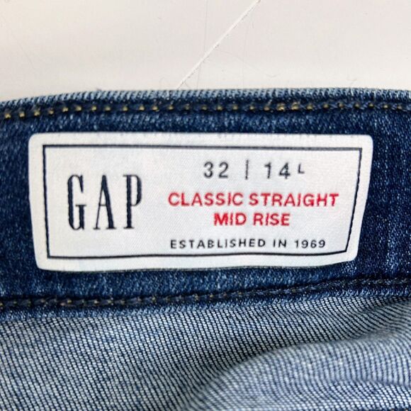 Gap Classic Straight Mid Rise Jeans Dark Blue Denim Raw Hem Cotton 14 Long Tall - Picture 8 of 12